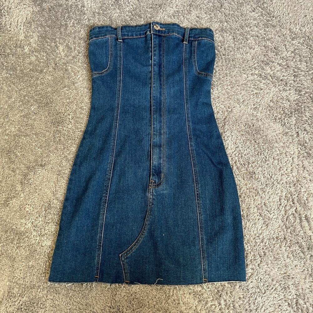 Edikted Medium Wash Blue Strapless Denim Raw Hem Bodycon Mini Dress Women's Sz S